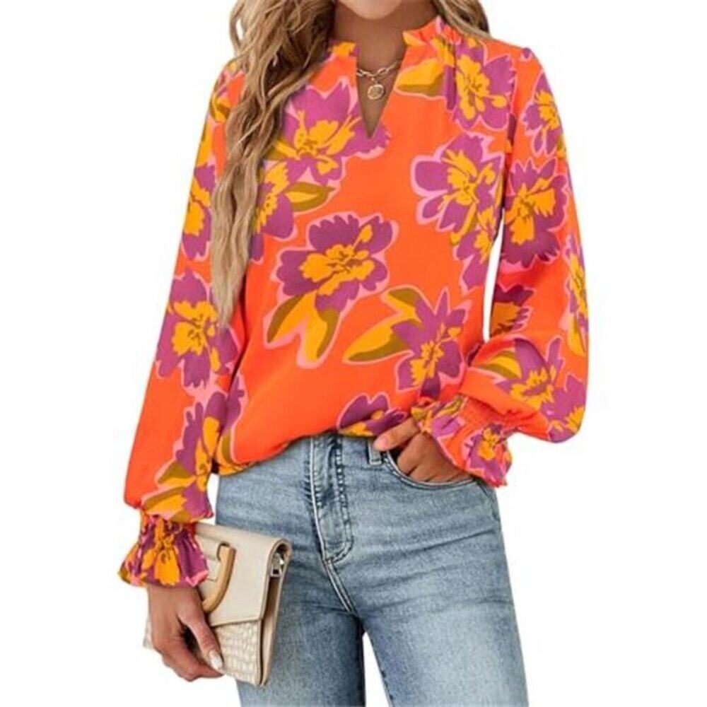 Floral V Neck Blouse Long Sleeve Puff Sleeve Casual Top Women Orange - Picture 3 of 6